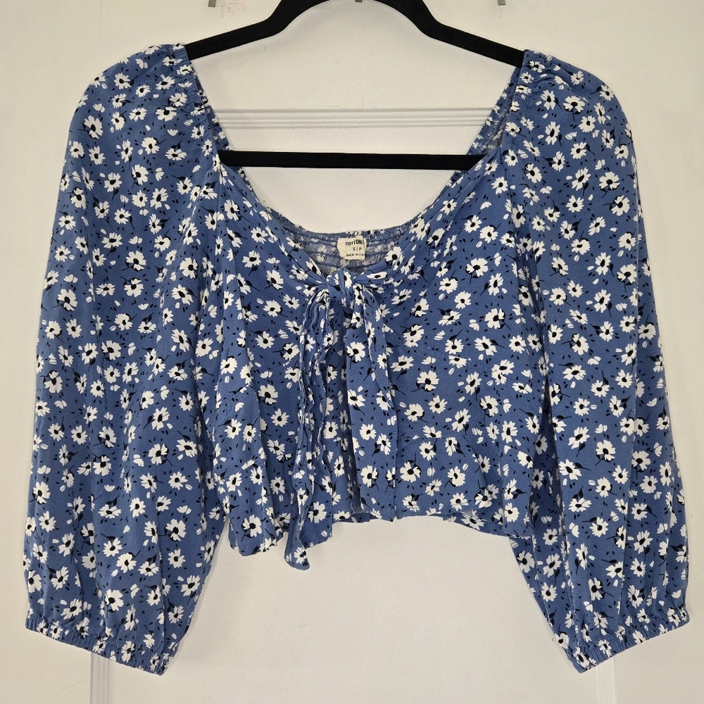 Cotton On Blue Floral Flowy Long Sleeve Crop Top - Women's Small